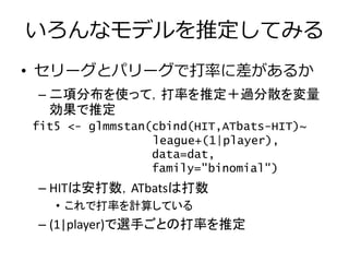 いろんなモデルを推定してみる
• セリーグとパリーグで打率に差があるか
– 二項分布を使って，打率を推定＋過分散を変量
効果で推定
– HITは安打数，ATbatsは打数
• これで打率を計算している
– (1|player)で選手ごとの打率を推定
fit5 <- glmmstan(cbind(HIT,ATbats-HIT)~
league+(1|player),
data=dat,
family="binomial")
 