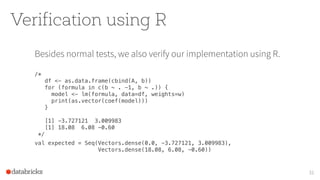 Verification using R
Besides normal tests, we also verify our implementation using R.
/* 
df <- as.data.frame(cbind(A, b)) 
for (formula in c(b ~ . -1, b ~ .)) { 
model <- lm(formula, data=df, weights=w) 
print(as.vector(coef(model))) 
} 
 
[1] -3.727121 3.009983 
[1] 18.08 6.08 -0.60 
*/
val expected = Seq(Vectors.dense(0.0, -3.727121, 3.009983), 
Vectors.dense(18.08, 6.08, -0.60))
31
 