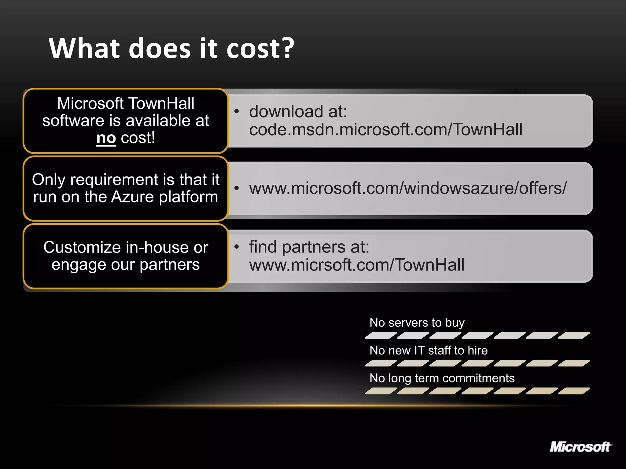 What does it cost?
   Microsoft TownHall
                            • download at:
 software is available at
        no cost!              code.msdn.microsoft.com/TownHall

Only requirement is that it
run on the Azure platform
                            • www.microsoft.com/windowsazure/offers/


 Customize in-house or      • find partners at:
  engage our partners         www.micrsoft.com/TownHall


                                           No servers to buy

                                           No new IT staff to hire

                                           No long term commitments
 