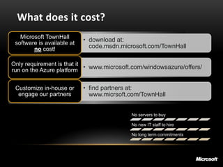 What does it cost?
   Microsoft TownHall
                            • download at:
 software is available at
        no cost!              code.msdn.microsoft.com/TownHall

Only requirement is that it
run on the Azure platform
                            • www.microsoft.com/windowsazure/offers/


 Customize in-house or      • find partners at:
  engage our partners         www.micrsoft.com/TownHall


                                           No servers to buy

                                           No new IT staff to hire

                                           No long term commitments
 