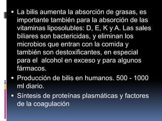  La bilis aumenta la absorción de grasas, es
importante también para la absorción de las
vitaminas liposolubles: D, E, K y A. Las sales
biliares son bactericidas, y eliminan los
microbios que entran con la comida y
también son destoxificantes, en especial
para el alcohol en exceso y para algunos
fármacos.
 Producción de bilis en humanos. 500 - 1000
ml diario.
 Síntesis de proteínas plasmáticas y factores
de la coagulación
 