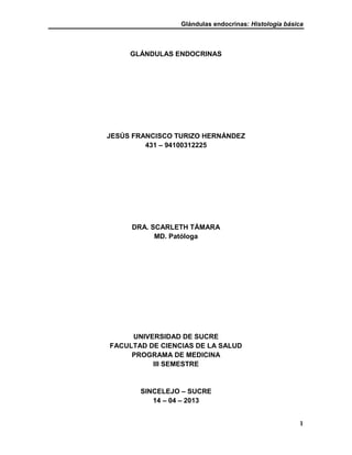 Glándulas endocrinas: Histología básica
1
GLÁNDULAS ENDOCRINAS
JESÚS FRANCISCO TURIZO HERNÁNDEZ
431 – 94100312225
DRA. SCARLETH TÁMARA
MD. Patóloga
UNIVERSIDAD DE SUCRE
FACULTAD DE CIENCIAS DE LA SALUD
PROGRAMA DE MEDICINA
III SEMESTRE
SINCELEJO – SUCRE
14 – 04 – 2013
 