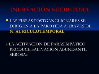 INERVACIÓN SECRETORA


LAS FIBRAS POSTGANGLIONARES SE
DIRIGEN A LA PAROTIDA A TRAVES DE
N. AURICULOTEMPORAL.

« LA ACTIVACION DE PARASIMPATICO
PRODUCE SALIVACION ABUNDANTE
SEROSA»

 