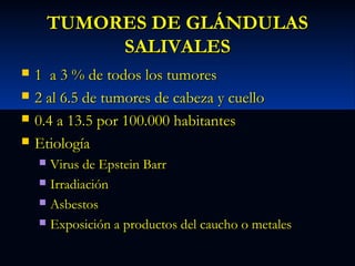 TUMORES DE GLÁNDULAS
SALIVALES





1 a 3 % de todos los tumores
2 al 6.5 de tumores de cabeza y cuello
0.4 a 13.5 por 100.000 habitantes
Etiología
Virus de Epstein Barr
 Irradiación
 Asbestos
 Exposición a productos del caucho o metales


 
