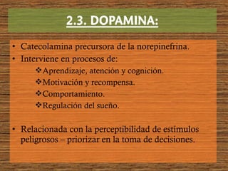 • Catecolamina precursora de la norepinefrina.
• Interviene en procesos de:
Aprendizaje, atención y cognición.
Motivación y recompensa.
Comportamiento.
Regulación del sueño.
• Relacionada con la perceptibilidad de estímulos
peligrosos – priorizar en la toma de decisiones.
 