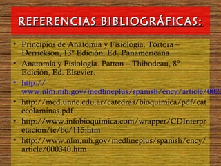 REFERENCIAS BIBLIOGRÁFICAS:REFERENCIAS BIBLIOGRÁFICAS:
• Principios de Anatomía y Fisiología. Tórtora –
Derrickson, 13º Edición. Ed. Panamericana.
• Anatomía y Fisiología. Patton – Thibodeau, 8º
Edición, Ed. Elsevier.
• http://
www.nlm.nih.gov/medlineplus/spanish/ency/article/0022
• http://med.unne.edu.ar/catedras/bioquimica/pdf/cat
ecolaminas.pdf
• http://www.infobioquimica.com/wrapper/CDInterpr
etacion/te/bc/115.htm
• http://www.nlm.nih.gov/medlineplus/spanish/ency/
article/000340.htm
 