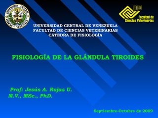 Prof: Jesús A. Rojas U.
M.V., MSc., PhD.
FISIOLOGÍA DE LA GLÁNDULA TIROIDES
UNIVERSIDAD CENTRAL DE VENEZUELA
FACULTAD DE CIENCIAS VETERINARIAS
CÁTEDRA DE FISIOLOGÍA
Septiembre-Octubre de 2009
 