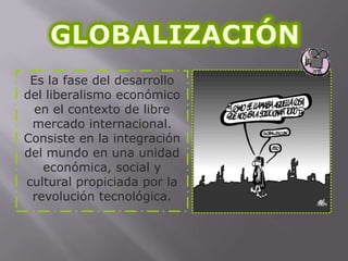 Es la fase del desarrollo
del liberalismo económico
en el contexto de libre
mercado internacional.
Consiste en la integración
del mundo en una unidad
económica, social y
cultural propiciada por la
revolución tecnológica.

 
