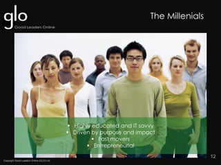 Copyright Good Leaders Online (GLO) Ltd
12
The Millenials
 Highly educated and IT savvy
 Driven by purpose and impact
 Fast movers
 Entrepreneurial
 