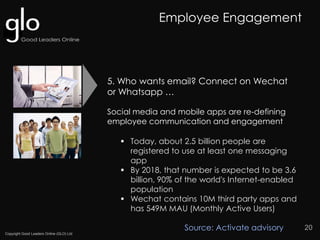 Copyright Good Leaders Online (GLO) Ltd
20
Social media and mobile apps are re-defining
employee communication and engagement
 Today, about 2.5 billion people are
registered to use at least one messaging
app
 By 2018, that number is expected to be 3.6
billion, 90% of the world's Internet-enabled
population
 Wechat contains 10M third party apps and
has 549M MAU (Monthly Active Users)
Source: Activate advisory
Employee Engagement
5. Who wants email? Connect on Wechat
or Whatsapp …
 
