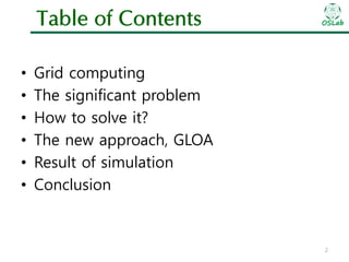 Table of Contents
•
•
•
•
•
•

OSLab

Grid computing
The significant problem
How to solve it?
The new approach, GLOA
Result of simulation
Conclusion

2

 