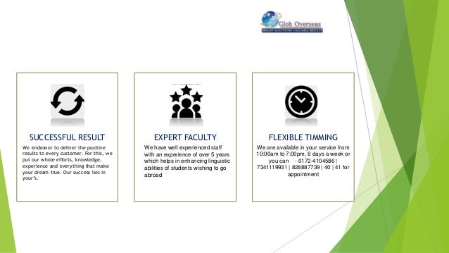 SUCCESSFUL RESULT
We endeavor to deliver the positive
results to every customer. For this, we
put our whole efforts, knowledge,
experience and everything that make
your dream true. Our success lies in
your’s.
EXPERT FACULTY FLEXIBLE TIMMING
We are available in your service from
10:00am to 7:00pm, 6 days a week or
you can - 0172-4104586 |
7341119931 | 828887739 | 40 | 41 for
appointment
We have well experienced staff
with an experience of over 5 years
which helps in enhancing linguistic
abilities of students wishing to go
abroad
 