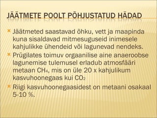 Jäätmeted saastavad õhku, vett ja maapinda kuna sisaldavad mitmesuguseid inimesele kahjulikke ühendeid või lagunevad nendeks. Prügilates toimuv orgaanilise aine anaeroobse lagunemise tulemusel erladub atmosfääri metaan CH 4 , mis on üle 20 x kahjulikum kasvuhoonegaas kui CO 2 Riigi kasvuhoonegaasidest on metaani osakaal 5-10 %. 