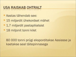 Aastas tähendab see: 15 miljardit ühekordset mähet 1,7 miljardit pastapliiatsist 18 miljonit tonni kilet 80 000 tonni prügi eksporditakse Aasiasse ja kaetakse seal täitepinnasega 