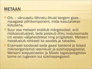CH 4  – värvusetu lõhnatu õhust kergem gaas - maagaasi põhikomponent, mida kasutatakse kütusena.  Suur osa metaani eraldub märgaladest, eriti riisikasvatustest, teda paiskub õhku koduloomade (nt veiste) väljaheidetest ning prügilatest. Metaani moodustub rohkesti ka soodes ja rabades. Enamasti toodavad seda gaasi bakterid ja teised mikroorganismid vesinikust ja süsihappegaasist. Metaani soojustneelav ja Maale tagasipeegeldav toime on tugevam kui süsihappegaasil. 
