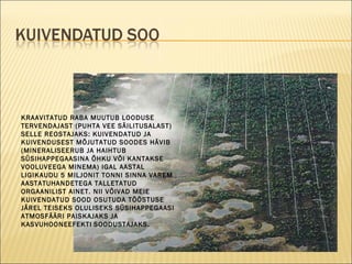 KRAAVITATUD RABA MUUTUB LOODUSE TERVENDAJAST (PUHTA VEE SÄILITUSALAST) SELLE REOSTAJAKS: KUIVENDATUD JA KUIVENDUSEST MÕJUTATUD SOODES HÄVIB (MINERALISEERUB JA HAIHTUB SÜSIHAPPEGAASINA ÕHKU VÕI KANTAKSE VOOLUVEEGA MINEMA) IGAL AASTAL LIGIKAUDU 5 MILJONIT TONNI SINNA VAREM AASTATUHANDETEGA TALLETATUD ORGAANILIST AINET. NII VÕIVAD MEIE KUIVENDATUD SOOD OSUTUDA TÖÖSTUSE JÄREL TEISEKS OLULISEKS SÜSIHAPPEGAASI ATMOSFÄÄRI PAISKAJAKS JA KASVUHOONEEFEKTI   SOODUSTAJAKS. 