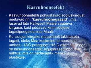 KasvuhooneefektKasvuhooneefekti põhjustavad soojuskiirgust neelavad nn. “kasvuhoonegaasid”, mis lasevad läbi Päikeselt Maale saabuva kiirguse, kuid püüavad kinni soojuse tagasipeegeldumise Maalt. Kui soojus kiirgaks maapinnalt takistuseta tagasi, oleks Maa keskmine temperatuur umbes –18C praeguse +15 C asemel. Seega on kasvuhooneefekt algupäraselt looduslik nähtus, mis on hädavajalik maakera elustikule.