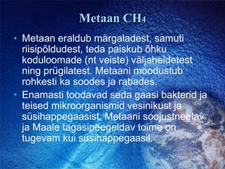 Metaan CH4Metaan eraldub märgaladest, samuti riisipõldudest, teda paiskub õhku koduloomade (nt veiste) väljaheidetest ning prügilatest. Metaani moodustub rohkesti ka soodes ja rabades.Enamasti toodavad seda gaasi bakterid ja teised mikroorganismid vesinikust ja süsihappegaasist. Metaani soojustneelav ja Maale tagasipeegeldav toime on tugevam kui süsihappegaasil.