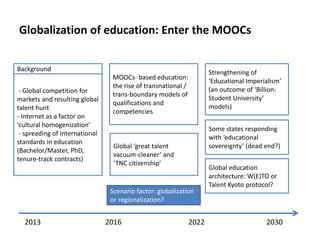 Globalization of education: Enter the МOOCs
Background
- Global competition for
markets and resulting global
talent hunt
-...