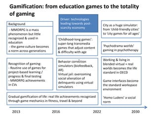 Gamification: from education games to the totality
of gaming
Driver: technologies
leading towards postscarcity economy

Ba...