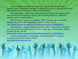 -         Okano, K. (2006). The Impact of Immigrants on Long-lasting Ethnic Minorities in Japanese Schools: Globalisation from Below. Language & Education: An International Journal, 20(4), 338-354. Retrieved March 31, 2008, doi:10.2167/le634.0 -         Skutnabb-Kangas, T. (2001, July). The Globalisation of (Educational) Language rights. International Review of Education, 47(3/4), 201-219. Retrieved March 31, 2008, from Academic Search Complete database. -         Mota de Cabrera, Carmen; José Villalobos . (2007). El aspecto socio-cultural del lenguaje oral y escrito: visión Vygotskyana. Educere, 11, 038 , 411-418.  http://redalyc.uaemex.mx/redalyc/src/inicio/Resumen.jsp?iCve=35603805&Id=2 -         Manríquez Durán, Miguel; Tonatiuh Castro Silva. (2007). Globalización y diversidad cultural en el Sonora contemporáneo. Variaciones sobre región, etnia y lenguaje. Región y Sociedad, XIX, Esp , 219-235.  http://redalyc.uaemex.mx/redalyc/src/inicio/Resumen.jsp?iCve=10209910&Id=2 -         Sanchez,Consuelo.(2007).Antropología y Globalización.p48.Cemos Memoria.  Recuperado el 14 de Abril 2008 en In4Mex.  http://www.diariamente.com.mx/ 