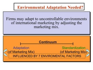 Environmental Adaptation Needed? Firms may adapt to uncontrollable environments of international marketing by adjusting the marketing mix. Adaptation (of Marketing Mix) Standardization (of Marketing Mix) Continuum INFLUENCED BY 7 ENVIROMENTAL FACTORS 