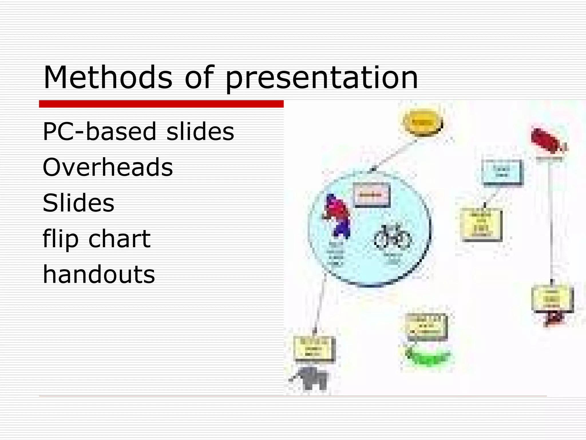 Methods of presentation PC-based slides Overheads Slides flip chart handouts 