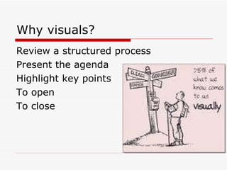 Why visuals? Review a structured process Present the agenda Highlight key points To open To close 