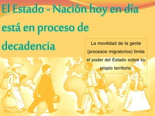 El Estado - Nación hoy en día 
está en proceso de 
decadencia La movilidad de la gente 
(procesos migratorios) limita 
el poder del Estado sobre su 
propio territorio. 
 
