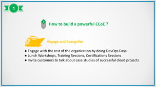 How to build a powerful CCoE ?
Engage and Evangelize
● Engage with the rest of the organization by doing DevOps Days
● Lunch Workshops, Training Sessions, Certifications Sessions
● Invite customers to talk about case studies of successful cloud projects
B
1
 