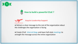 How to build a powerful CCoE ?
Acquire Leadership Support
● Delivers a clear message to the rest of the organization about
the challenges the organization is facing
● Create CCoE Internal blogs and town hall-style meetings to
strength the message across the entire organization
B
1
 