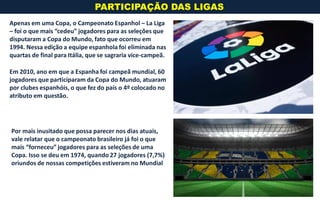 12
Apenas em uma Copa, o Campeonato Espanhol – La Liga
– foi o que mais “cedeu” jogadores para as seleções que
disputaram a Copa do Mundo, fato que ocorreu em
1994. Nessa edição a equipe espanhola foi eliminada nas
quartas de final para Itália, que se sagraria vice-campeã.
Em 2010, ano em que a Espanha foi campeã mundial, 60
jogadores que participaram da Copa do Mundo, atuaram
por clubes espanhóis, o que fez do país o 4º colocado no
atributo em questão.
PARTICIPAÇÃO DAS LIGAS
www.jambosb.com.brwww.jambosb.com.br
Por mais inusitado que possa parecer nos dias atuais,
vale relatar que o campeonato brasileiro já foi o que
mais “forneceu” jogadores para as seleções de uma
Copa. Isso se deu em 1974, quando 27 jogadores (7,7%)
oriundos de nossas competições estiveram no Mundial
 
