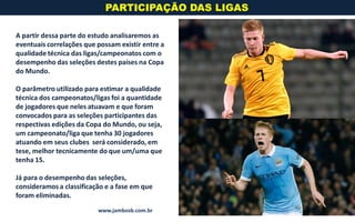 7
A partir dessa parte do estudo analisaremos as
eventuais correlações que possam existir entre a
qualidade técnica das ligas/campeonatos com o
desempenho das seleções destes países na Copa
do Mundo.
O parâmetro utilizado para estimar a qualidade
técnica dos campeonatos/ligas foi a quantidade
de jogadores que neles atuavam e que foram
convocados para as seleções participantes das
respectivas edições da Copa do Mundo, ou seja,
um campeonato/liga que tenha 30 jogadores
atuando em seus clubes será considerado, em
tese, melhor tecnicamente do que um/uma que
tenha 15.
Já para o desempenho das seleções,
consideramos a classificação e a fase em que
foram eliminadas.
PARTICIPAÇÃO DAS LIGAS
www.jambosb.com.br
www.jambosb.com.br
 