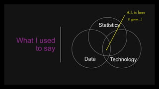 What I used
to say
Data
Statistics
Technology
A.I. is here
(I guess…)
 