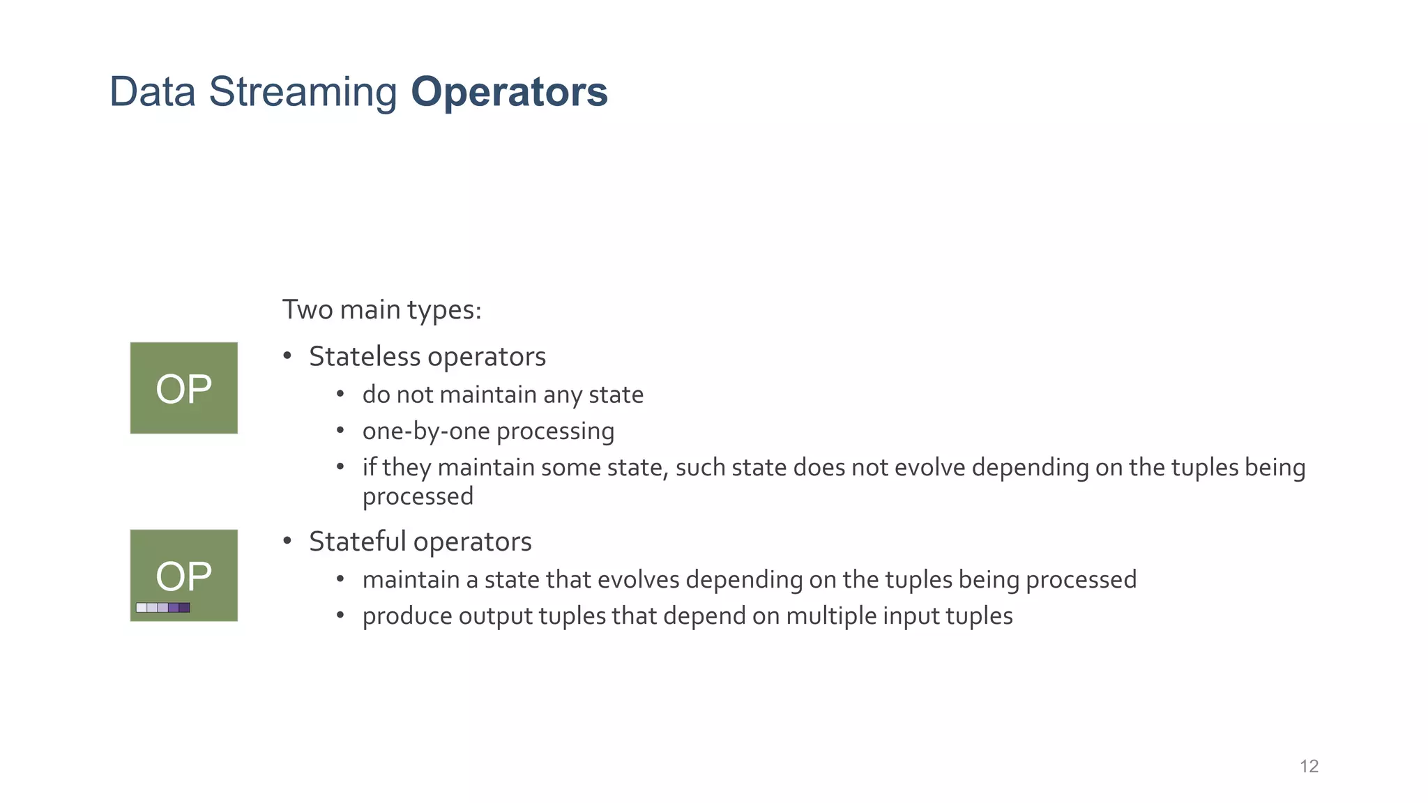 Data Streaming Operators
Two main types:
• Stateless operators
• do not maintain any state
• one-by-one processing
• if they maintain some state, such state does not evolve depending on the tuples being
processed
• Stateful operators
• maintain a state that evolves depending on the tuples being processed
• produce output tuples that depend on multiple input tuples
12
OP
OP
 