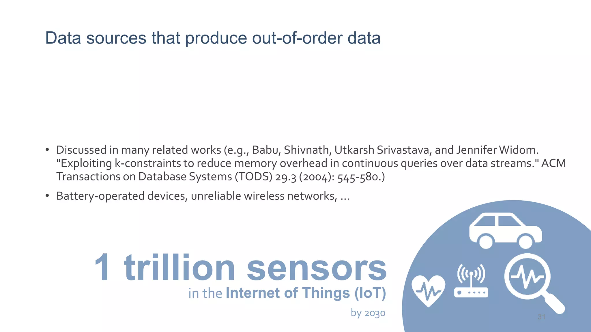Data sources that produce out-of-order data
• Discussed in many related works (e.g., Babu, Shivnath, Utkarsh Srivastava, and JenniferWidom.
"Exploiting k-constraints to reduce memory overhead in continuous queries over data streams." ACM
Transactions on Database Systems (TODS) 29.3 (2004): 545-580.)
• Battery-operated devices, unreliable wireless networks, …
1 trillion sensors
by 2030
in the Internet of Things (IoT)
31
 