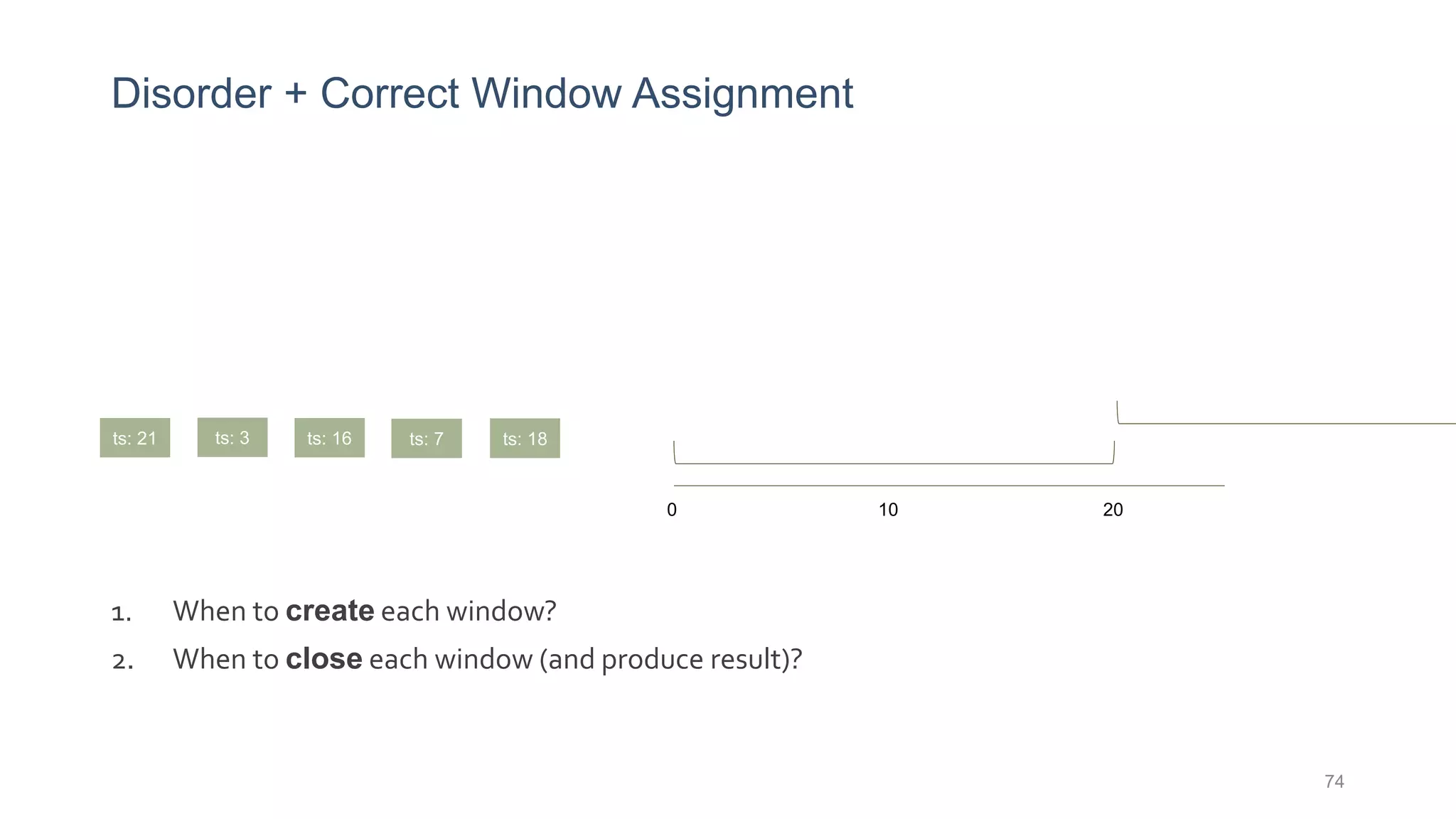 Disorder + Correct Window Assignment
1. When to create each window?
2. When to close each window (and produce result)?
74
0 10 20
ts: 7ts: 16 ts: 18ts: 3ts: 21
 