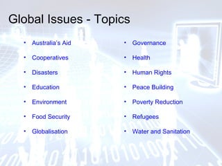 Global Issues - Topics
• Australia’s Aid
• Cooperatives
• Disasters
• Education
• Environment
• Food Security
• Globalisation
• Governance
• Health
• Human Rights
• Peace Building
• Poverty Reduction
• Refugees
• Water and Sanitation
 