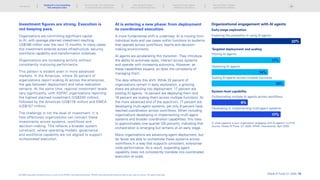 Investment figures are strong. Execution is
not keeping pace.
Organizations are committing significant capital
to AI, with average planned investment reaching
US$186 million over the next 12 months. In many cases,
this investment extends across infrastructure, security,
workforce capability and transformation initiatives.
Organizations are increasing activity without
consistently improving performance.
This pattern is evident even in more advanced
markets. In the Americas, where 35 percent of
organizations report scaling AI across the enterprise,
the gap between deployment and value realization
remains. At the same time, regional investment levels
vary significantly, with ASPAC organizations reporting
the highest planned investment (US$245 million),
followed by the Americas (US$178 million) and EMEA
(US$157 million).
The challenge is not the level of investment. It is
how effectively organizations can connect these
investments across systems, workflows and
decision-making. This reflects a broader system
constraint, where operating models, governance
and workforce capability are not aligned to support
orchestrated execution.
Organizational engagement with AI agents
AI is entering a new phase: from deployment
to coordinated execution.
A more fundamental shift is underway. AI is moving from
individual tools and use cases within functions to systems
that operate across workflows, teams and decision-
making environments.
AI agents are accelerating this transition. They introduce
the ability to automate tasks, interact across systems
and operate with increasing autonomy. However, as
these capabilities expand, so does the complexity of
managing them.
The data reflects this shift. While 22 percent of
organizations remain in early exploration, a growing
share are advancing into deployment: 17 percent are
piloting AI agents, 14 percent are deploying them and
18 percent are scaling them across multiple functions. At
the more advanced end of the spectrum, 17 percent are
developing multi-agent systems, yet only 9 percent have
reached coordination across workflows. When including
organizations developing or implementing multi-agent
systems and broader coordination capabilities, this rises
to approximately one-quarter (26 percent), indicating that
orchestration is emerging but remains at an early stage.
Many organizations are advancing agent deployment, but
far fewer are able to orchestrate these systems across
workflows in a way that supports consistent, enterprise-
wide performance. As a result, expanding agent
capability does not consistently translate into coordinated
execution at scale.
In what capacity is your organization engaging with AI agents? n=2110
Source: Global AI Pulse: Q1 2026, KPMG International, April 2026.
Exploring the possibility of using AI agents
22%
Early-stage exploration
Piloting AI agents
17%
Deploying AI agents
14%
Scaling AI agents across multiple functions
18%
Targeted deployment and scaling
Orchestrating multiple AI agents across workflows
9%
Developing or implementing multi-agent systems
17%
System-level capability
Global AI Pulse Q1 2026 | 12
Introduction
The new divide: From deployment
to enterprise-wide orchestration
Why scaling AI breaks
without structural alignment
Scaling AI across regions:
Adapting to divergence
The next phase: Outpace
organizational readiness
© 2026 Copyright owned by one or more of the KPMG International entities. KPMG International entities provide no services to clients. All rights reserved.
Scaling AI is not translating
into enterprise value
 