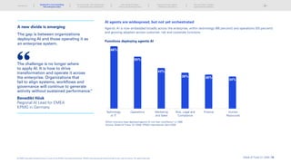A new divide is emerging
The gap is between organizations
deploying AI and those operating it as
an enterprise system.
AI agents are widespread, but not yet orchestrated
Agentic AI is now embedded broadly across the enterprise, within technology (66 percent) and operations (55 percent)
and growing adoption across customer, risk and corporate functions.
Functions deploying agentic AI
Technology
or IT
Operations Marketing
and Sales
Risk, Legal and
Compliance
Finance Human
Resources
Which functions have deployed agentic AI into their workflows? n=1588
Source: Global AI Pulse: Q1 2026, KPMG International, April 2026.
66%
43%
36%
34%
55%
38%
The challenge is no longer where
to apply AI. It is how to drive
transformation and operate it across
the enterprise. Organizations that
fail to align systems, workflows and
governance will continue to generate
activity without sustained performance.
”
Benedikt Höck
Regional AI Lead for EMEA
KPMG in Germany
Global AI Pulse Q1 2026 | 13
Introduction
The new divide: From deployment
to enterprise-wide orchestration
Why scaling AI breaks
without structural alignment
Scaling AI across regions:
Adapting to divergence
The next phase: Outpace
organizational readiness
© 2026 Copyright owned by one or more of the KPMG International entities. KPMG International entities provide no services to clients. All rights reserved.
Scaling AI is not translating
into enterprise value
 