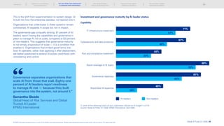 Investment and governance maturity by AI leader status
Risk and compliance investment
Board coverage of AI topics
Board-level AI expertise
IT infrastructure investment
Cybersecurity and data protection
In which of the following areas will your organization allocate its AI budget? n=2110
Source: Global AI Pulse: Q1 2026, KPMG International, April 2026.
71%
57%
67%
48%
Capability
AI leaders Non-leaders
45%
20%
89%
76%
Governance readiness
81%
63%
43%
33%
This is the shift from experimentation to system design. AI
is built into how the enterprise operates, not layered onto it.
Organizations that underinvest in these systems remain
constrained. AI expands in scope but not in impact.
The governance gap is equally striking: 81 percent of AI
leaders report having the capabilities and governance in
place to manage AI risk at scale, compared to 63 percent
of non-leaders. This suggests that governance maturity
is not simply a byproduct of scale — it is a condition that
enables it. Organizations that embed governance into
how AI operates, rather than applying it after deployment,
are better positioned to extend AI across workflows with
consistency and control.
Governance separates organizations that
scale AI from those that stall. Eighty-one
percent of AI leaders report readiness
to manage AI risk — because they built
governance into the system, not around it.”
Samantha Gloede
Global Head of Risk Services and Global
Trusted AI Leader​
KPMG International
Global AI Pulse Q1 2026 | 20
Introduction
Scaling AI is not translating
into enterprise value
Why scaling AI breaks
without structural alignment
Scaling AI across regions:
Adapting to divergence
The next phase: Outpace
organizational readiness
© 2026 Copyright owned by one or more of the KPMG International entities. KPMG International entities provide no services to clients. All rights reserved.
The new divide: From deployment
to enterprise-wide orchestration
 