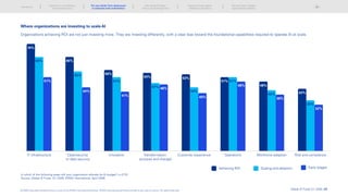 Where organizations are investing to scale AI
IT infrastructure Cybersecurity
or data security
Innovation Transformation
(process and change)
Customer experience Operations Workforce adoption Risk and compliance
Achieving ROI Scaling and adoption Early stages
74%
65%
55%
51%
47%
44%
65%
56%
54% 53%
51%
48% 48%
43%
32%
39%
42%
35%
51%
51%
44%
41%
46%
40%
In which of the following areas will your organization allocate its AI budget? n=2110
Source: Global AI Pulse: Q1 2026, KPMG International, April 2026.
Organizations achieving ROI are not just investing more. They are investing differently, with a clear bias toward the foundational capabilities required to operate AI at scale.
Global AI Pulse Q1 2026 | 21
Introduction
Scaling AI is not translating
into enterprise value
Why scaling AI breaks
without structural alignment
Scaling AI across regions:
Adapting to divergence
The next phase: Outpace
organizational readiness
© 2026 Copyright owned by one or more of the KPMG International entities. KPMG International entities provide no services to clients. All rights reserved.
The new divide: From deployment
to enterprise-wide orchestration
 