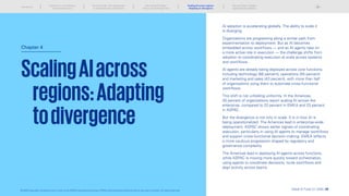 ScalingAIacross
regions:Adapting
todivergence
Chapter 4
AI adoption is accelerating globally. The ability to scale it
is diverging.
Organizations are progressing along a similar path from
experimentation to deployment. But as AI becomes
embedded across workflows — and as AI agents take on
a more active role in execution — the challenge shifts from
adoption to coordinating execution at scale across systems
and workflows.
AI agents are already being deployed across core functions,
including technology (66 percent), operations (55 percent)
and marketing and sales (43 percent), with more than half
of organizations using them to automate cross-functional
workflows.
This shift is not unfolding uniformly. In the Americas,
35 percent of organizations report scaling AI across the
enterprise, compared to 22 percent in EMEA and 23 percent
in ASPAC.
But the divergence is not only in scale. It is in how AI is
being operationalized. The Americas lead in enterprise-wide
deployment. ASPAC shows earlier signals of coordinating
execution, particularly in using AI agents to manage workflows
and support cross-functional decision-making. EMEA reflects
a more cautious progression shaped by regulatory and
governance complexity.
The Americas lead in deploying AI agents across functions,
while ASPAC is moving more quickly toward orchestration,
using agents to coordinate decisions, route workflows and
align activity across teams.
Global AI Pulse Q1 2026 | 28
Introduction
Scaling AI is not translating
into enterprise value
The new divide: From deployment
to enterprise-wide orchestration
Why scaling AI breaks
without structural alignment
The next phase: Outpace
organizational readiness
© 2026 Copyright owned by one or more of the KPMG International entities. KPMG International entities provide no services to clients. All rights reserved.
Scaling AI across regions:
Adapting to divergence
 