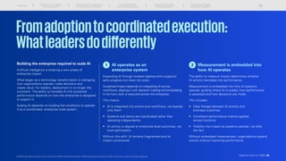 Introduction
Scaling AI is not translating
into enterprise value
The new divide: From deployment
to enterprise-wide orchestration
Why scaling AI breaks
without structural alignment
Scaling AI across regions:
Adapting to divergence
The next phase: Outpace
organizational readiness
Fromadoptiontocoordinatedexecution:
Whatleadersdodifferently
Building the enterprise required to scale AI
Artificial intelligence is entering a new phase of
enterprise impact.
What began as a technology transformation is reshaping
how organizations operate, make decisions and
create value. For leaders, deployment is no longer the
constraint. The ability to translate AI into sustained
performance depends on how the enterprise is designed
to support it.
Scaling AI depends on building the conditions to operate
it as a coordinated, enterprise-wide system.
1  
AI operates as an
enterprise system
Expanding AI through isolated deployments supports
early progress but does not scale.
Sustained impact depends on integrating AI across
workflows, aligning it with decision-making and embedding
it into how work is executed across the enterprise.
This means:
•	
AI is integrated into end-to-end workflows, not layered
onto them
•	
Systems and teams are coordinated rather than
operating independently
•	
AI activity is aligned to enterprise-level outcomes, not
local optimization
Without this shift, AI remains fragmented and its
impact constrained.
2  
Measurement is embedded into
how AI operates
The ability to measure impact determines whether
AI activity translates into performance.
Measurement is embedded into how AI systems
operate, guiding where AI is scaled, how performance
is assessed and how decisions are made.
This includes:
•	
Clear linkage between AI activity and
business outcomes
•	
Consistent performance metrics applied
across functions
•	
Visibility into impact as systems operate, not after
the fact
Without embedded measurement, organizations expand
activity without improving performance.
© 2026 Copyright owned by one or more of the KPMG International entities. KPMG International entities provide no services to clients. All rights reserved. Global AI Pulse Q1 2026 | 36
 