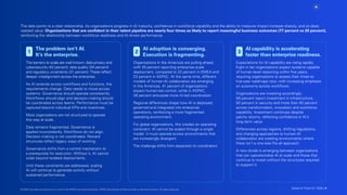 The data points to a clear relationship. As organizations progress in AI maturity, confidence in workforce capability and the ability to measure impact increase sharply, and so does
realized value. Organizations that are confident in their talent pipeline are nearly four times as likely to report meaningful business outcomes (77 percent vs 20 percent),
reinforcing the relationship between workforce readiness and AI-driven performance.
The problem isn’t AI.
It’s the enterprise.
The barriers to scale are well known: data privacy and
cybersecurity (42 percent), data quality (34 percent)
and regulatory uncertainty (31 percent). These reflect
deeper misalignment across the enterprise.
As AI extends across workflows and functions, the
requirements change. Data needs to move across
systems. Governance should operate consistently.
Workflows should align and decision-making should
be coordinated across teams. Performance must be
captured beyond individual KPIs and incentives.
Most organizations are not structured to operate
this way at scale.
Data remains fragmented. Governance is
applied inconsistently. Workflows do not align.
Decision-making is not coordinated. Reward
structures reflect legacy ways of working.
Governance shifts from a control mechanism to
a prerequisite for execution. Without it, AI cannot
scale beyond isolated deployments.
Until these constraints are addressed, scaling
AI will continue to generate activity without
sustained performance.
AI adoption is converging.
Execution is fragmenting.
Organizations in the Americas are pulling ahead,
with 35 percent reporting enterprise-scale
deployment, compared to 22 percent in EMEA and
23 percent in ASPAC. At the same time, different
models of human-AI collaboration are emerging.
In the Americas, 41 percent of organizations
expect human-led control, while in ASPAC,
38 percent anticipate more AI-led coordination.
Regional differences shape how AI is deployed,
governed and integrated into enterprise
operations, reinforcing a more fragmented
operating environment.
For global organizations, this creates an operating
constraint. AI cannot be scaled through a single
model. It must operate across environments that
are increasingly divergent.
The challenge shifts from expansion to coordination.
AI capability is accelerating
faster than enterprise readiness.
Expectations for AI capability are rising rapidly.
Eight in ten organizations expect systems capable
of human-level reasoning within five years,
requiring organizations to assess their three-to-
five-year roadmaps now, with increasing emphasis
on autonomy across workflows.
Organizations are investing accordingly:
58 percent report investment in infrastructure,
50 percent in security and more than 40 percent
across transformation, innovation and workforce
capability. Investment continues despite
patchy returns, reflecting confidence in AI’s
long-term value.
Differences across regions, shifting regulations,
and changing approaches to human-AI
collaboration are creating environments where
there isn’t a one-size-fits-all approach.
A new divide is emerging between organizations
that can operationalize AI at scale and those that
continue to invest without the structures required
to support it.
1 2 3
© 2026 Copyright owned by one or more of the KPMG International entities. KPMG International entities provide no services to clients. All rights reserved. Global AI Pulse Q1 2026 | 4
 