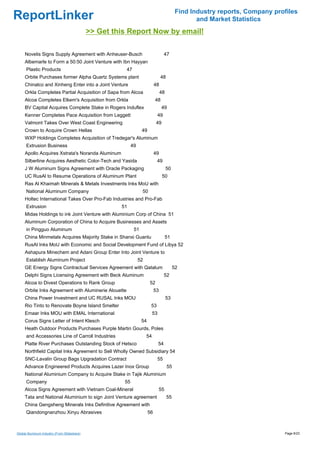 Find Industry reports, Company profiles
ReportLinker                                                                                       and Market Statistics
                                             >> Get this Report Now by email!

     Novelis Signs Supply Agreement with Anheuser-Busch                              47
     Albemarle to Form a 50:50 Joint Venture with Ibn Hayyan
      Plastic Products                                  47
     Orbite Purchases former Alpha Quartz Systems plant                          48
     Chinalco and Xinheng Enter into a Joint Venture                        48
     Orkla Completes Partial Acquisition of Sapa from Alcoa                      48
     Alcoa Completes Elkem's Acquisition from Orkla                         48
     BV Capital Acquires Complete Stake in Rogers Induflex                       49
     Kenner Completes Pace Acquisition from Leggett                             49
     Valmont Takes Over West Coast Engineering                               49
     Crown to Acquire Crown Hellas                                49
     WXP Holdings Completes Acquisition of Tredegar's Aluminum
      Extrusion Business                                    49
     Apollo Acquires Xstrata's Noranda Aluminum                             49
     Silberline Acquires Aesthetic Color-Tech and Yasida                     49
     J W Aluminum Signs Agreement with Oracle Packaging                               50
     UC RusAl to Resume Operations of Aluminum Plant                              50
     Ras Al Khaimah Minerals & Metals Investments Inks MoU with
      National Aluminum Company                                   50
     Holtec International Takes Over Pro-Fab Industries and Pro-Fab
      Extrusion                                       51
     Midas Holdings to ink Joint Venture with Aluminium Corp of China 51
     Aluminum Corporation of China to Acquire Businesses and Assets
      in Pingguo Aluminum                                    51
     China Minmetals Acquires Majority Stake in Shanxi Guanlu                        51
     RusAl Inks MoU with Economic and Social Development Fund of Libya 52
     Ashapura Minechem and Adani Group Enter Into Joint Venture to
      Establish Aluminum Project                                 52
     GE Energy Signs Contractual Services Agreement with Qatalum                           52
     Delphi Signs Licensing Agreement with Beck Aluminum                             52
     Alcoa to Divest Operations to Rank Group                          52
     Orbite Inks Agreement with Aluminerie Alouette                         53
     China Power Investment and UC RUSAL Inks MOU                                     53
     Rio Tinto to Renovate Boyne Island Smelter                         53
     Emaar Inks MOU with EMAL International                                53
     Corus Signs Letter of Intent Klesch                          54
     Heath Outdoor Products Purchases Purple Martin Gourds, Poles
      and Accessories Line of Carroll Industries                      54
     Platte River Purchases Outstanding Stock of Hetsco                         54
     Northfield Capital Inks Agreement to Sell Wholly Owned Subsidiary 54
     SNC-Lavalin Group Bags Upgradation Contract                             55
     Advance Engineered Products Acquires Lazer Inox Group                            55
     National Aluminium Company to Acquire Stake in Tajik Aluminium
      Company                                          55
     Alcoa Signs Agreement with Vietnam Coal-Mineral                            55
     Tata and National Aluminium to sign Joint Venture agreement                      55
     China Gengsheng Minerals Inks Definitive Agreement with
      Qiandongnanzhou Xinyu Abrasives                                  56



Global Aluminum Industry (From Slideshare)                                                                                    Page 6/23
 