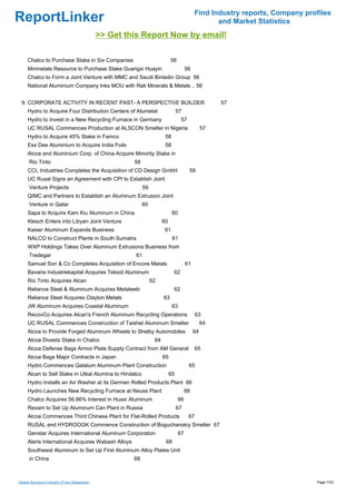 Find Industry reports, Company profiles
ReportLinker                                                                                      and Market Statistics
                                             >> Get this Report Now by email!

     Chalco to Purchase Stake in Six Companies                             56
     Minmetals Resource to Purchase Stake Guangxi Huayin                              56
     Chalco to Form a Joint Venture with MMC and Saudi Binladin Group 56
     National Aluminium Company Inks MOU with Rak Minerals & Metals .. 56


 9. CORPORATE ACTIVITY IN RECENT PAST- A PERSPECTIVE BUILDER                                         57
     Hydro to Acquire Four Distribution Centers of Alumetal                     57
     Hydro to Invest in a New Recycling Furnace in Germany                        57
     UC RUSAL Commences Production at ALSCON Smelter in Nigeria                                 57
     Hydro to Acquire 45% Stake in Famco                               58
     Ess Dee Aluminium to Acquire India Foils                          58
     Alcoa and Aluminium Corp. of China Acquire Minority Stake in
      Rio Tinto                                       58
     CCL Industries Completes the Acquisition of CD Design GmbH                        59
     UC Rusal Signs an Agreement with CPI to Establish Joint
      Venture Projects                                     59
     QIMC and Partners to Establish an Aluminum Extrusion Joint
      Venture in Qatar                                     60
     Sapa to Acquire Kam Kiu Aluminum in China                              60
     Klesch Enters into Libyan Joint Venture                          60
     Kaiser Aluminum Expands Business                                 61
     NALCO to Construct Plants in South Sumatra                             61
     WXP Holdings Takes Over Aluminum Extrusions Business from
      Tredegar                                        61
     Samuel Son & Co Completes Acquisition of Encore Metals                           61
     Bavaria Industriekapital Acquires Teksid Aluminum                      62
     Rio Tinto Acquires Alcan                                   62
     Reliance Steel & Aluminum Acquires Metalweb                            62
     Reliance Steel Acquires Clayton Metals                           63
     JW Aluminum Acquires Coastal Aluminum                                  63
     RecovCo Acquires Alcan's French Aluminum Recycling Operations                          63
     UC RUSAL Commences Construction of Taishet Aluminum Smelter                                64
     Alcoa to Provide Forged Aluminum Wheels to Shelby Automobiles                         64
     Alcoa Divests Stake in Chalco                               64
     Alcoa Defense Bags Armor Plate Supply Contract from AM General                         65
     Alcoa Bags Major Contracts in Japan                              65
     Hydro Commences Qatalum Aluminum Plant Construction                               65
     Alcan to Sell Stake in Utkal Alumina to Hindalco                      65
     Hydro Installs an Air Washer at its German Rolled Products Plant 66
     Hydro Launches New Recycling Furnace at Neuss Plant                              66
     Chalco Acquires 56.86% Interest in Huaxi Aluminum                           66
     Rexam to Set Up Aluminum Can Plant in Russia                               67
     Alcoa Commences Third Chinese Plant for Flat-Rolled Products                      67
     RUSAL and HYDROOGK Commence Construction of Boguchanskiy Smelter 67
     Genstar Acquires International Aluminum Corporation                         67
     Aleris International Acquires Wabash Alloys                       68
     Southwest Aluminum to Set Up First Aluminum Alloy Plates Unit
      in China                                        68



Global Aluminum Industry (From Slideshare)                                                                                   Page 7/23
 