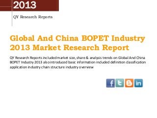 2013
QY Research Reports

Global And China BOPET Industry
2013 Market Research Report
QY Research Reports included market size, share & analysis trends on Global And China
BOPET Industry 2013 also introduced basic information included definition classification
application industry chain structure industry overview

 