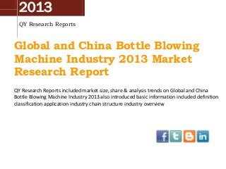 2013
QY Research Reports

Global and China Bottle Blowing
Machine Industry 2013 Market
Research Report
QY Research Reports included market size, share & analysis trends on Global and China
Bottle Blowing Machine Industry 2013 also introduced basic information included definition
classification application industry chain structure industry overview

 
