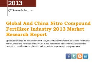 2013
QY Research Reports

Global And China Nitro Compound
Fertilizer Industry 2013 Market
Research Report
QY Research Reports included market size, share & analysis trends on Global And China
Nitro Compound Fertilizer Industry 2013 also introduced basic information included
definition classification application industry chain structure industry overview

 
